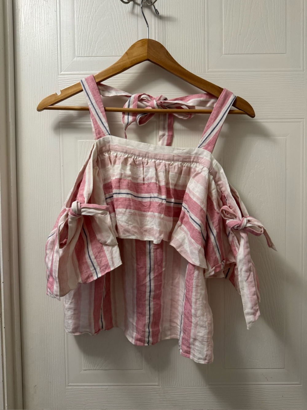 Parker Pink and White Striped Cold-Shoulder Tie-Shoulder Blouse